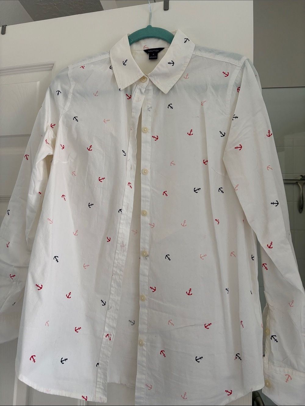 Nautica White Button-Up Shirt with Red & Navy Anchors